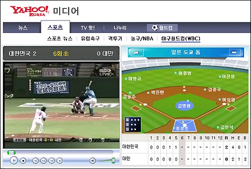 지난 3일 야후코리아의 WBC 한국의 첫 경기인 대만전을 중계 모습. 